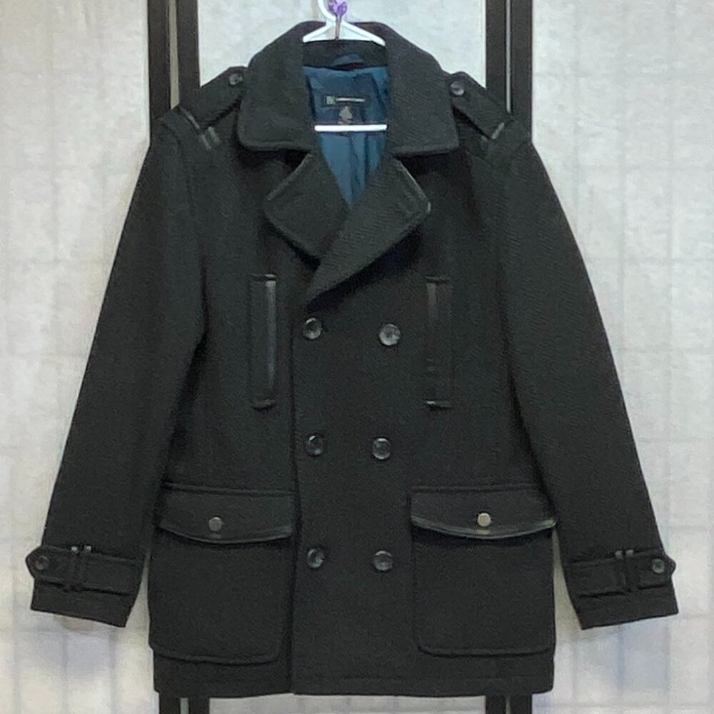 INC Wool Blend Double Breasted Trench Coat Grey Black Trim Winter Outerwear L